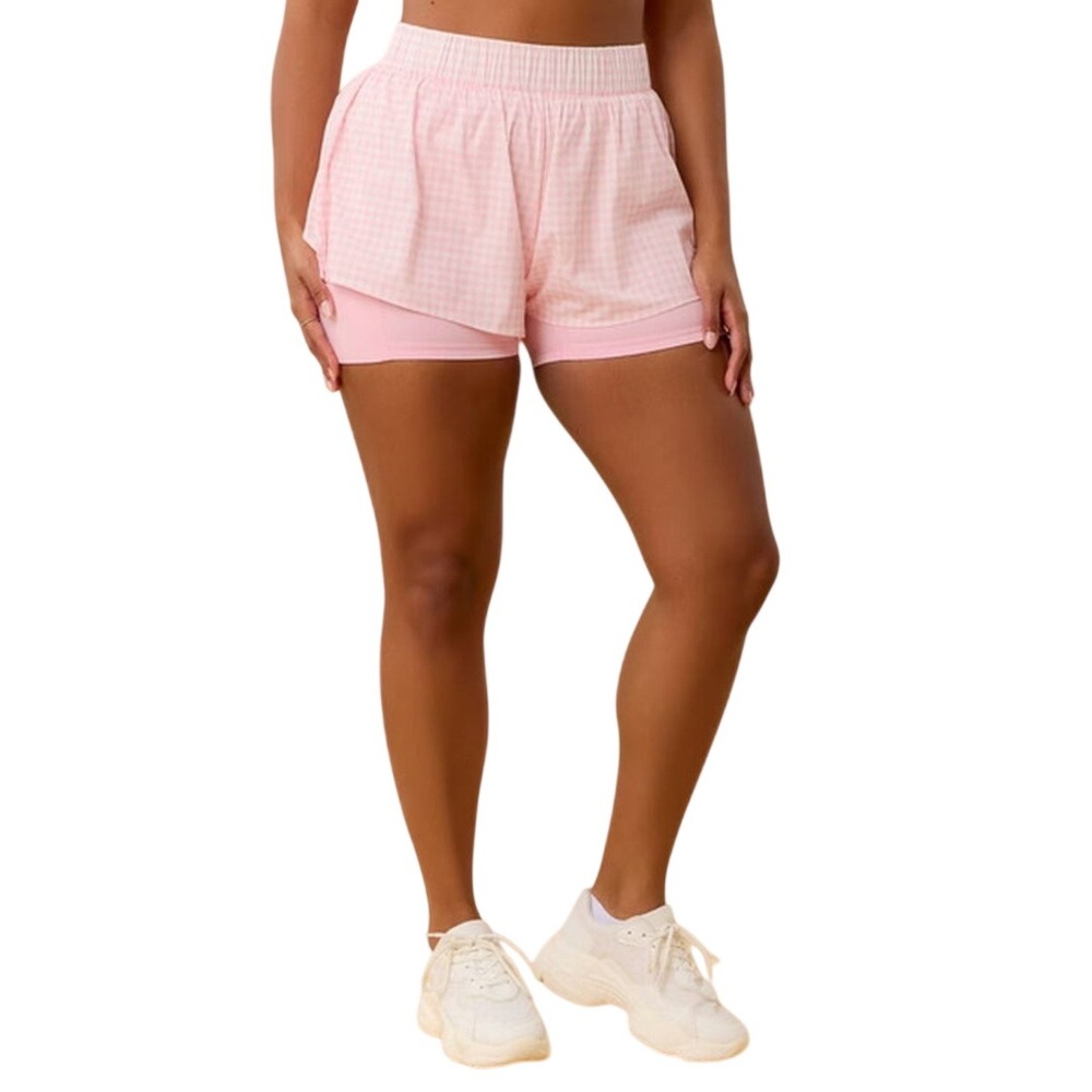 Blogilates Women's Pink Gingham Woven Ruffle Booty Bustle Active Shorts Size S